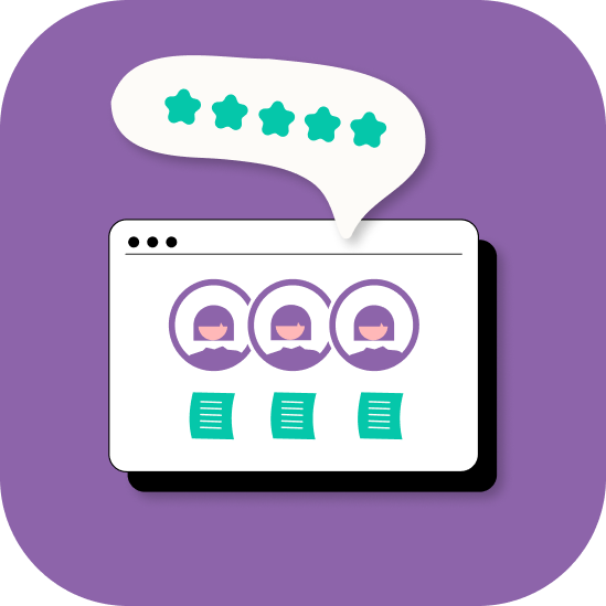 Illustration: five-star reviews above applicant profiles in a browser window.