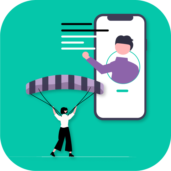 Illustration: mobile self-tape and support character with parachute.